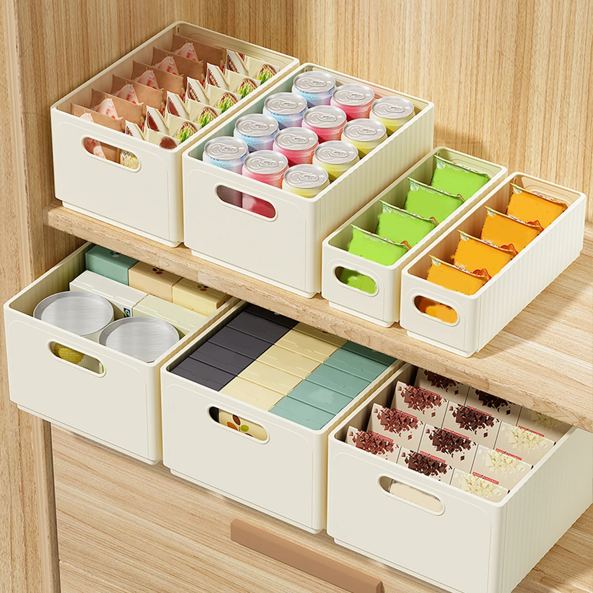 Organizador de gabinete, caja de almacenamiento de alimentos de plástico plegable con asa, ahorra espacio, organizador de almacenamiento de cocina apilable de gran capacidad