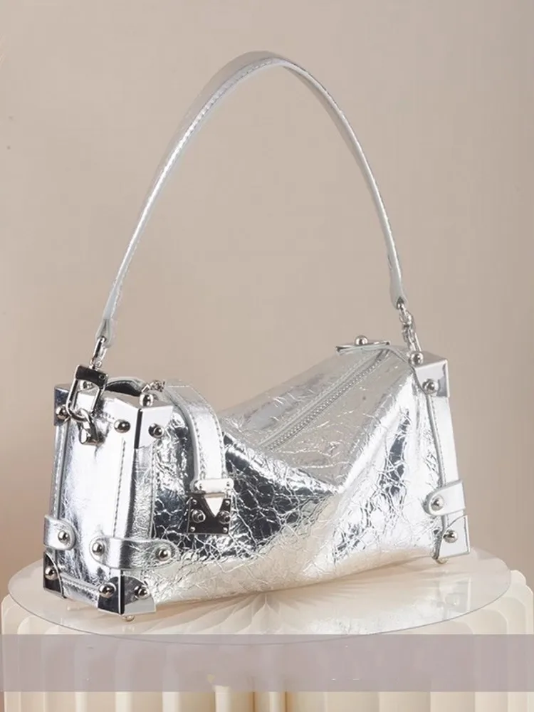Fashion Women Motorcycle Cowhide Genuine Leather Box Underarm Bag Metal Rivets Casual Totes Handbag Party Vintage Shoulder Bag