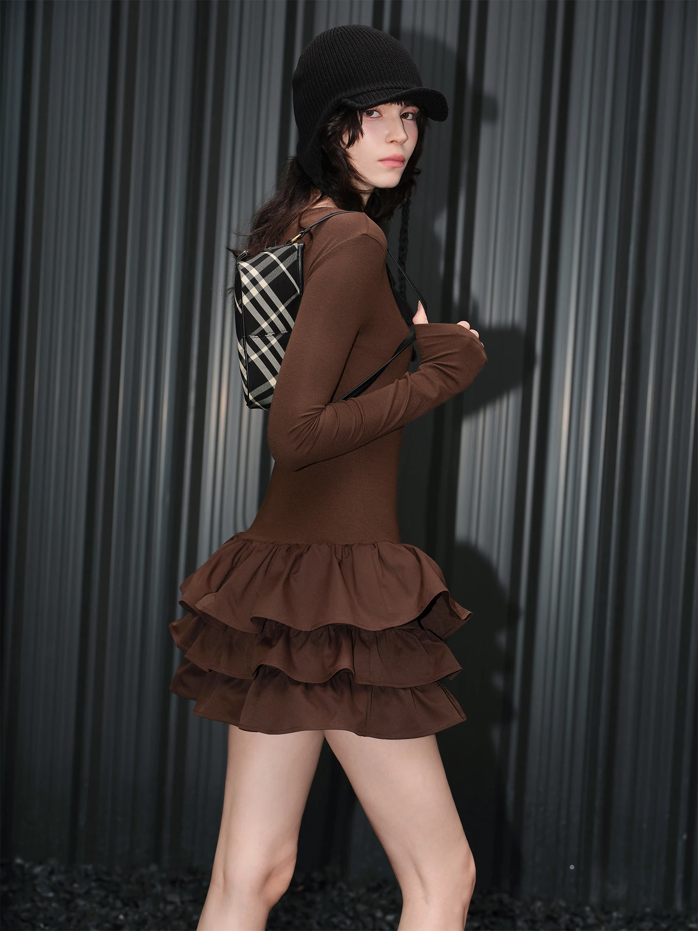 

Ele Coffee-Colored Slim Fit oulder Dr for Women Luxury Street Sle Long Sve Cake Skirt Spring New Arrival