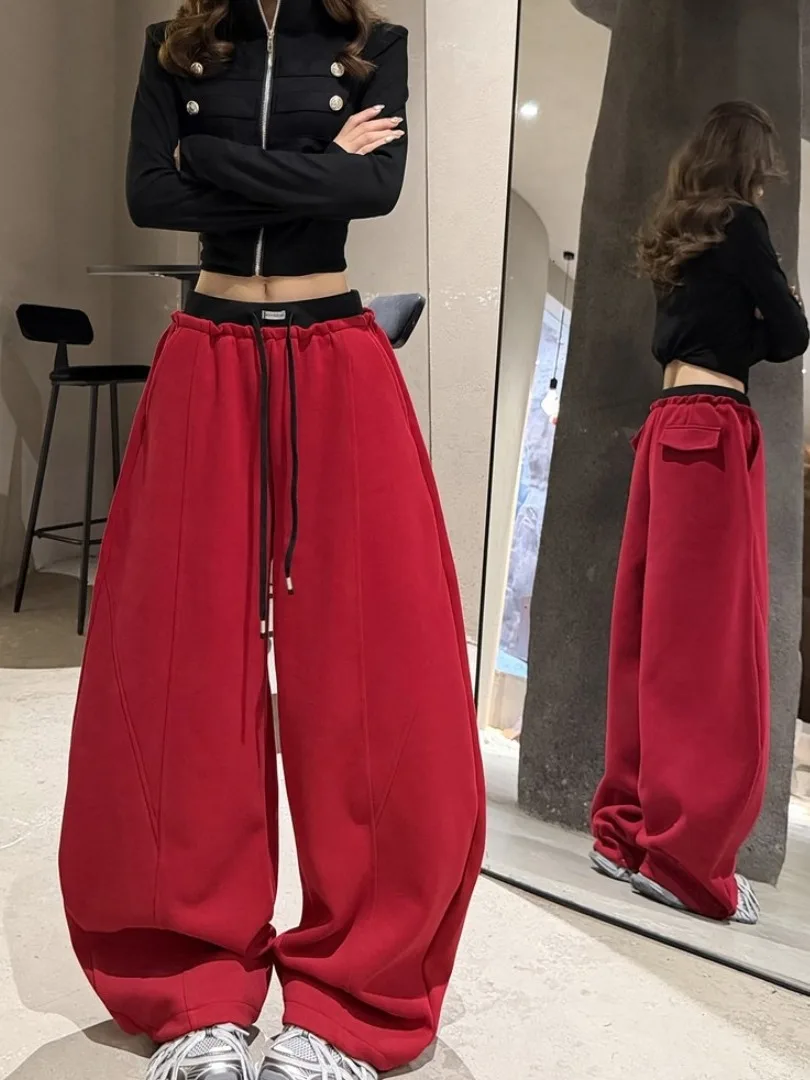 High Waist Wide Leg Casual Pants Women's Orange Loose Slimming Drawstring Lazy Style Drapey Sporty Wind Trousers