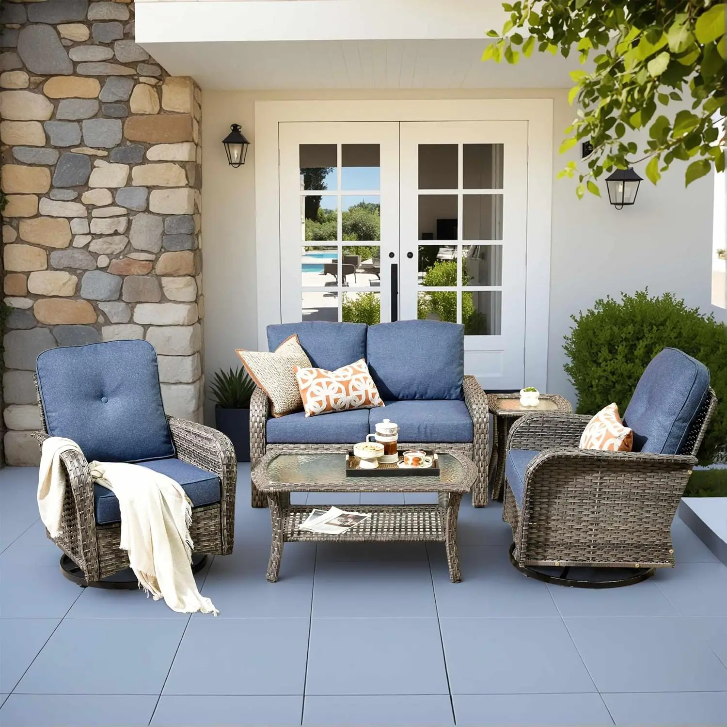 *u-5 Pieces Patio Furniture Set,Outdoor Furniture With Rockers, Rattan Conversation Sets W/Coffee Table, Grey Wicker, Customized