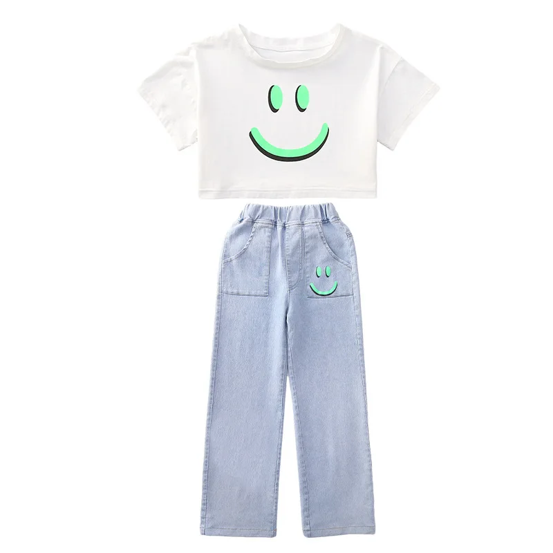 2024 Summer teens Girls Clothes Sets Outfits Kids crop top 2PCS T-shirt + demin Pants jeans Child tracksuit 6 8 10 12 14 Year