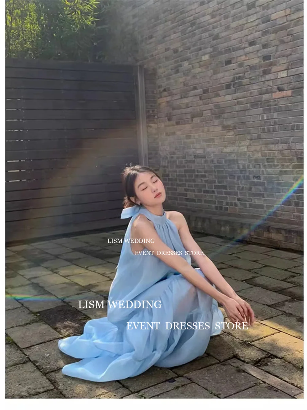 Lisme Halter O-Hals Hemelsblauw Korea Avondjurken Fotoshoot Ruffles Bruiloft Prom Gelegenheid Jurk Custom Backless Feestjurk