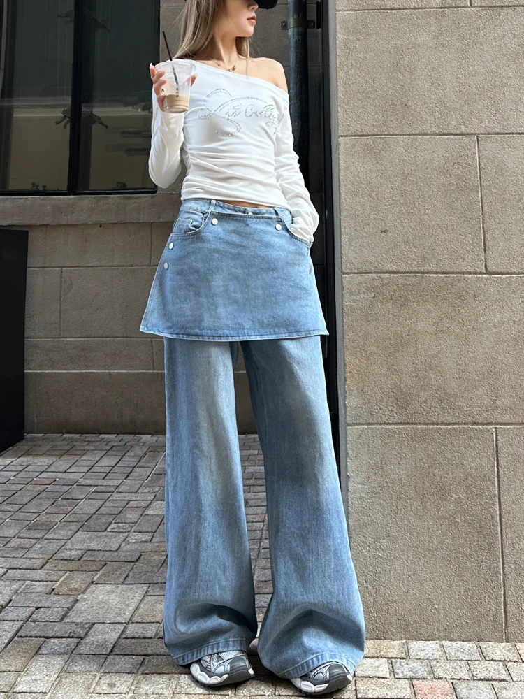Retro Faded Wide Leg High Waist Jeans Long Leg Pants Design Sense Fake Two-Piece Skirt Pants Floor-Length Pants Casual Sle