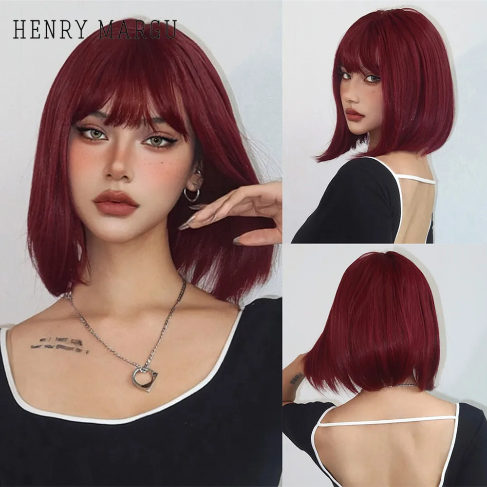 

HENRY MARGU Red Short Bob Straight Wig with Bangs Red Color Party Wigs Synthetic Cosplay Fake Hair Heat Resistant Women Full Wig