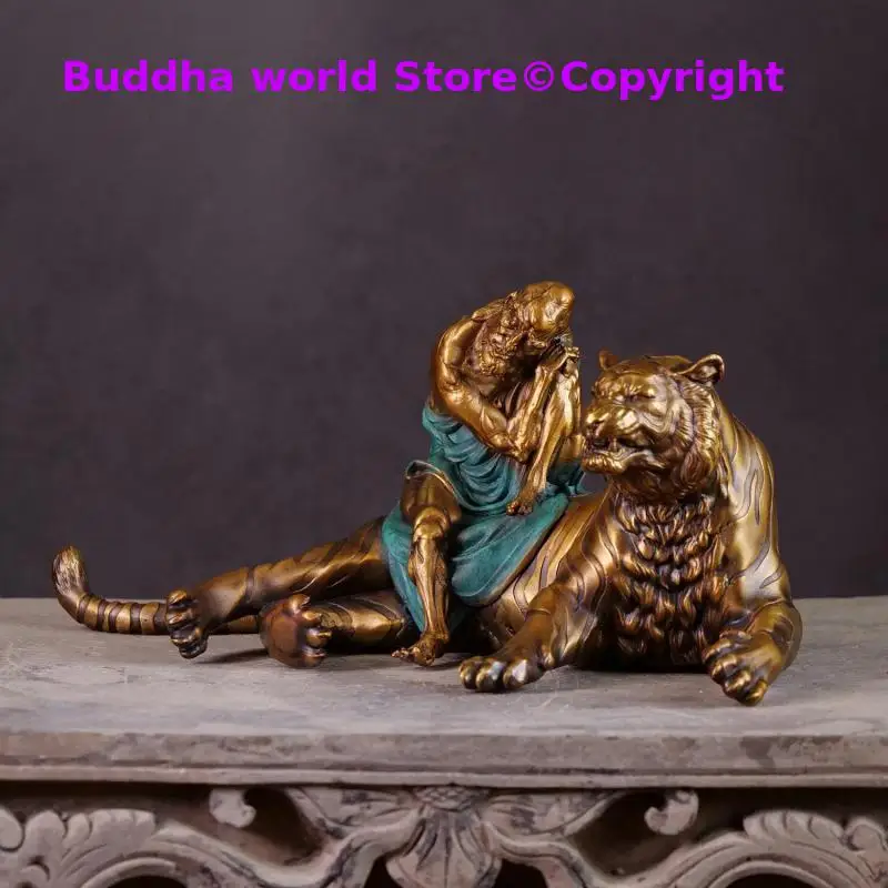 100% Handmade Copper Tiger Subduing Arhat buddha Bronze sculpture Exorcism Guarding house town home dispelling evil spirits