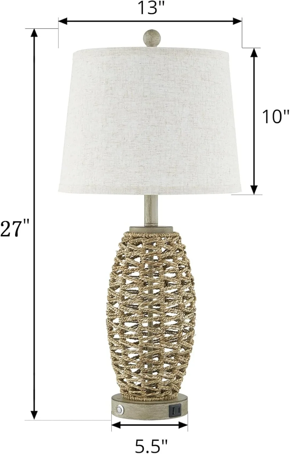27" Natural Rattan Table Lamp Set of 2, Touch 3-Way Dimmable, USB Charging, Oatmeal Shade view 2
