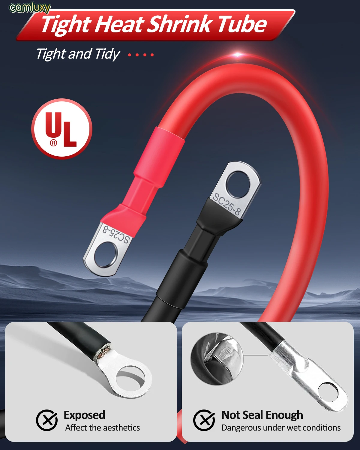 

Кабель для батареи Camluxy 6 AWG, инверторные кабели для батареи из чистой меди с язычками 3/8 дюйма для автомобильного инвертора солнечной энергии для мотоцикла