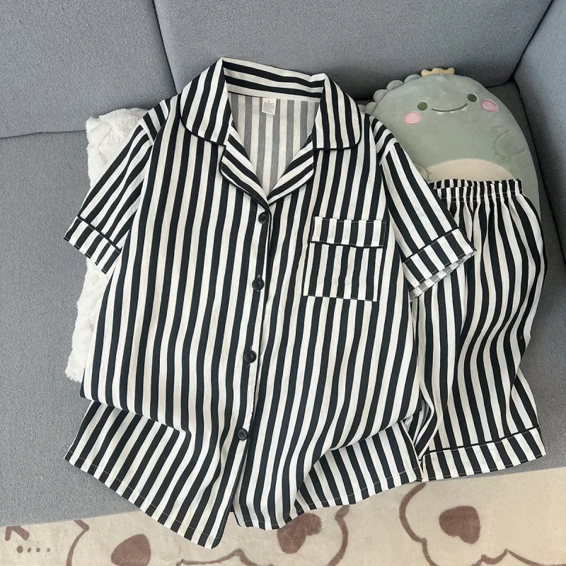 

Women Summer Lapel Open Front Pajama Set Short Sleeve Top Shorts, Sweet Ins Teen Loungewear, Casual Daily Outdoor Home Wear Suit