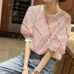 Red Striped Shirt Tops Women's Summer New Thin Short Sleeve Loose Fashion Printing All-match Blouse Vintage Casual Clothing