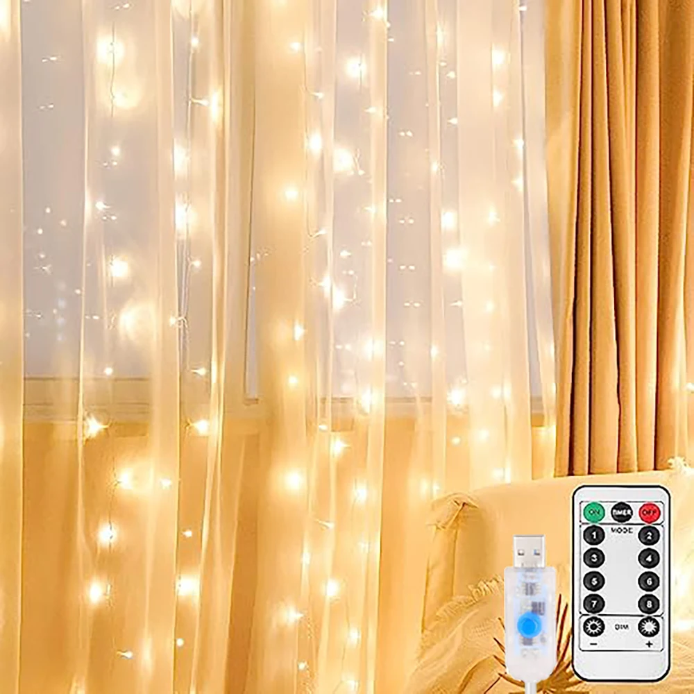 LED Curtain Lights Bedroom Lights 3*3M USB Fairy String 8 Mode Remote Garland Wedding Home Bedroom Decoration Lighting