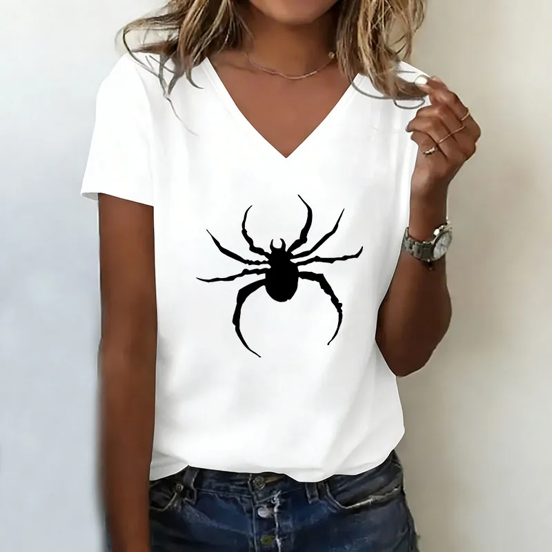 Fashion T-shirt V Neck Casual Fashion Y2k Spider Printed T Shirts Women Short Sleeve Tee Shirt V-Neck Summer Spring