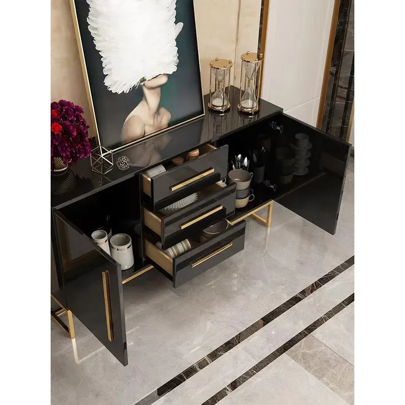 Modern Simple Dining Side Cabinet Stainless Steel Gold Plated Black White Paint Tempered Glass Locker for Entrance Bedroom