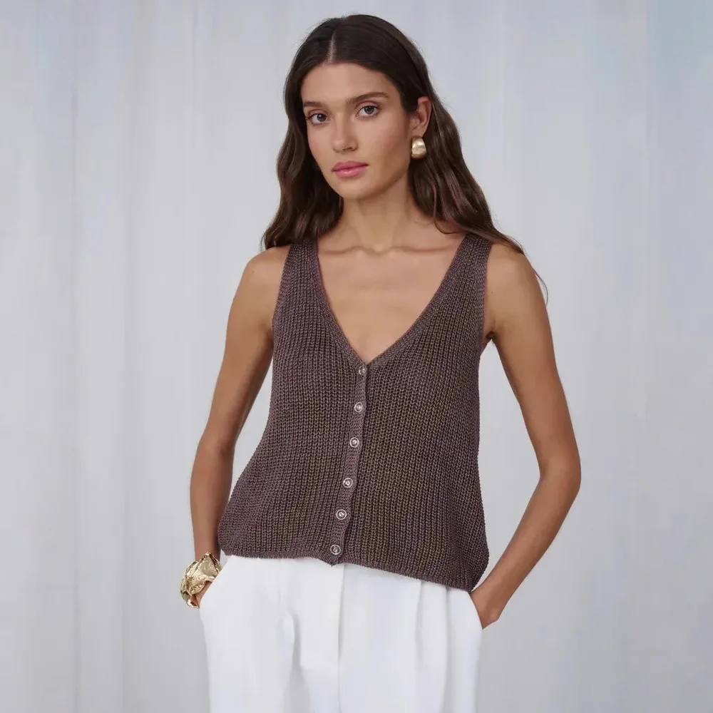 

2025 Summer New Women's Solid - color V - neck Single - button Sleeveless Vest, Sleeveless Cardigan Top