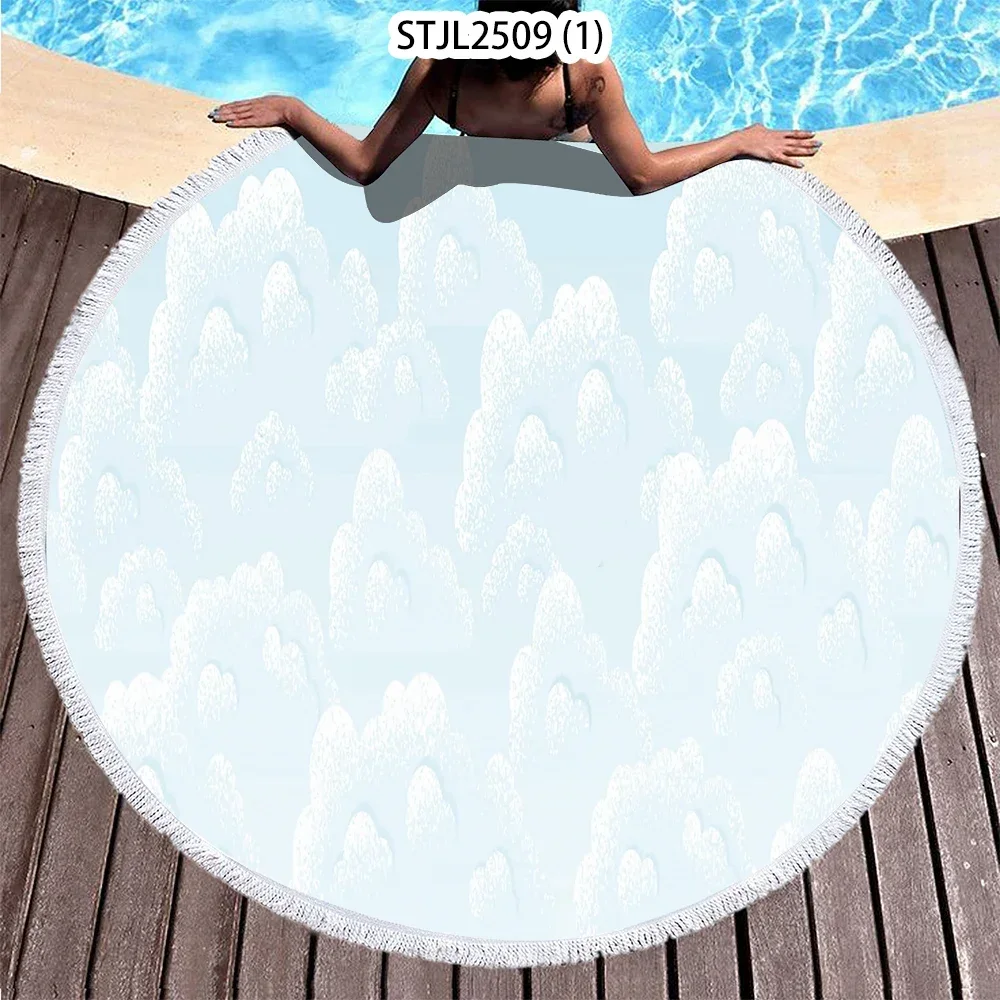 Beach Towel Round Tablecloth Blanket Thicken Digital Printing Microfiber Tapestry Tassel Flower Pattern Air Conditioner