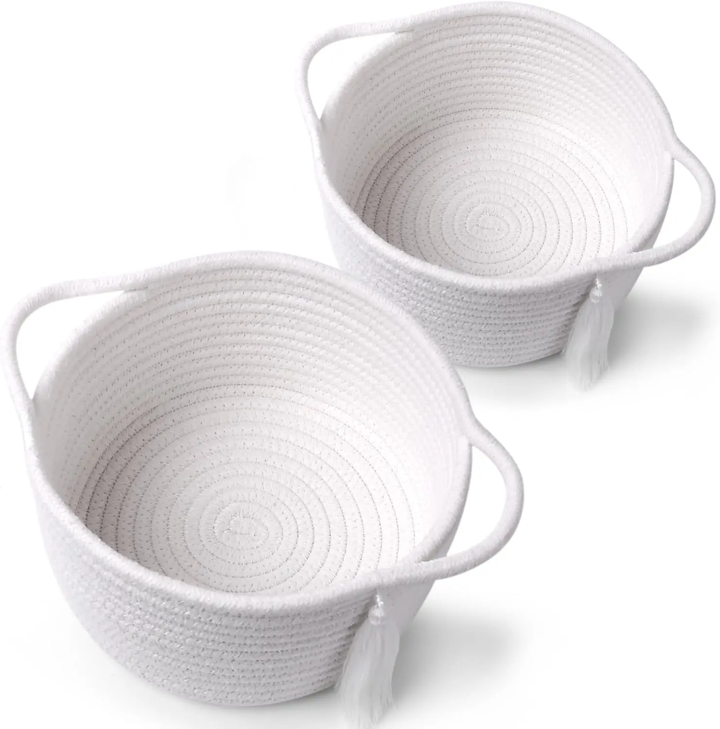 

Small Woven Rope Gift Baskets Set of 2 - Pre-Shaped White Storage Bins for Vanity, Desk, Baby Shower, Gifting