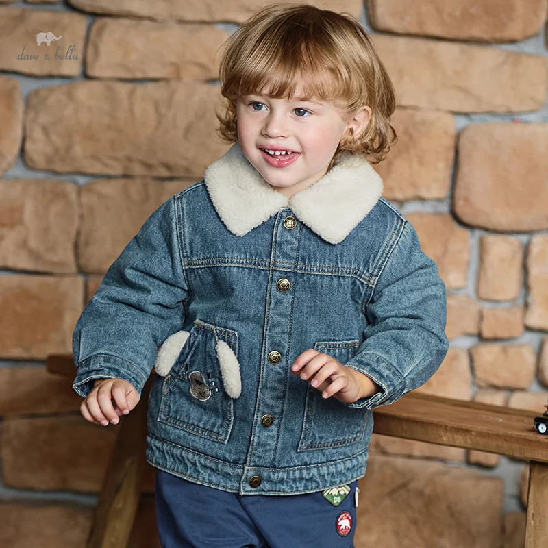 Dave Bella Boys' Coat Autumn and Winter Children's Warm Denim Blue Plus Velvet Padded Lapel Button Coat DB4242235