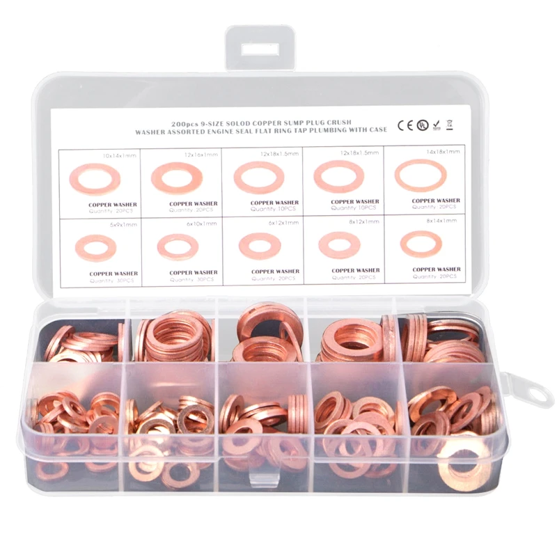 

200Pcs O Ring Copper Metric Washers Assortment Kit O Ring Copper Washer 9 Sizes M5 M6 M8 M10 M12 M14