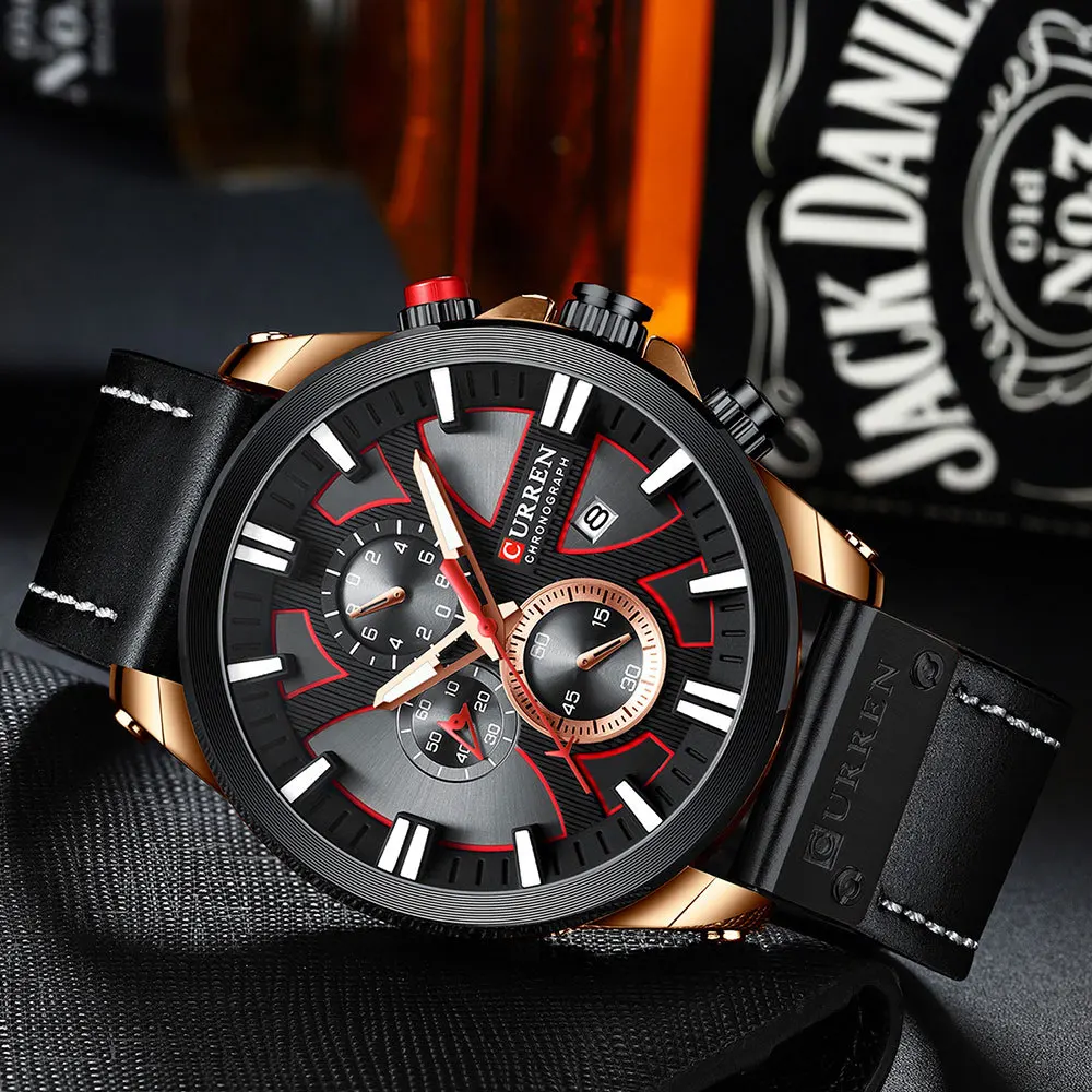Clock Men's Watch Luxury Leather Quartz Watches Men Wrist Waterproof Chronograph Wristwatch Male Six-needle multi-functional
