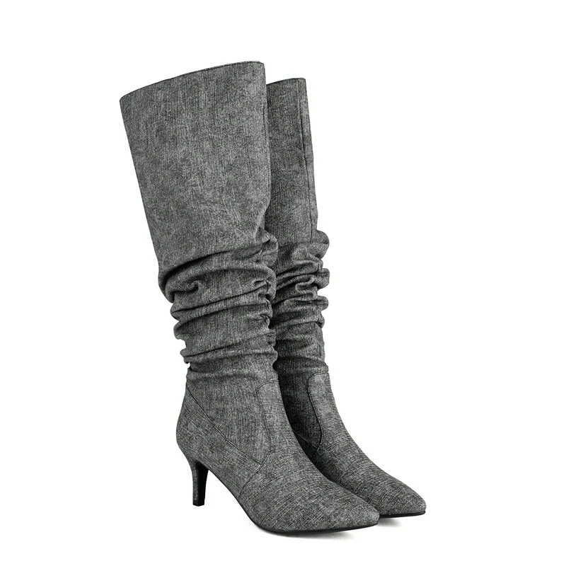 

Oversized 46 47 48 Denim Jeans Blue Black Pointed Toe Slip-on Woman Boots Spike High Heels Stylish Women Pleated Knee High Boots
