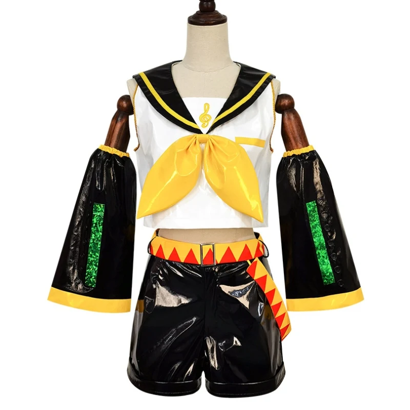 Kagaminee Rin/Len Cosplay with Ears Collab Series Rin Len Cosplay Top Shorts Idol Costumes Cosplay Outfit Patent Leather Uniform