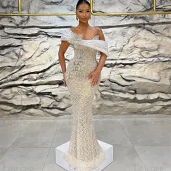 Aso Ebi Heavy Beaded Off The Shoulder Prom Dress 2024 Mermaid Crystals Evening Gowns Long Celebrity Party Dress Engagement Gown