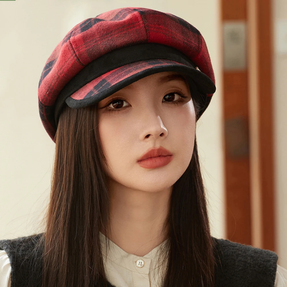 

HT4417 Women Berets Ladies Octagonal Cap Vintage Plaid Artist Painter Wool Beret Hat Female Autumn Winter Hat Berets for Women