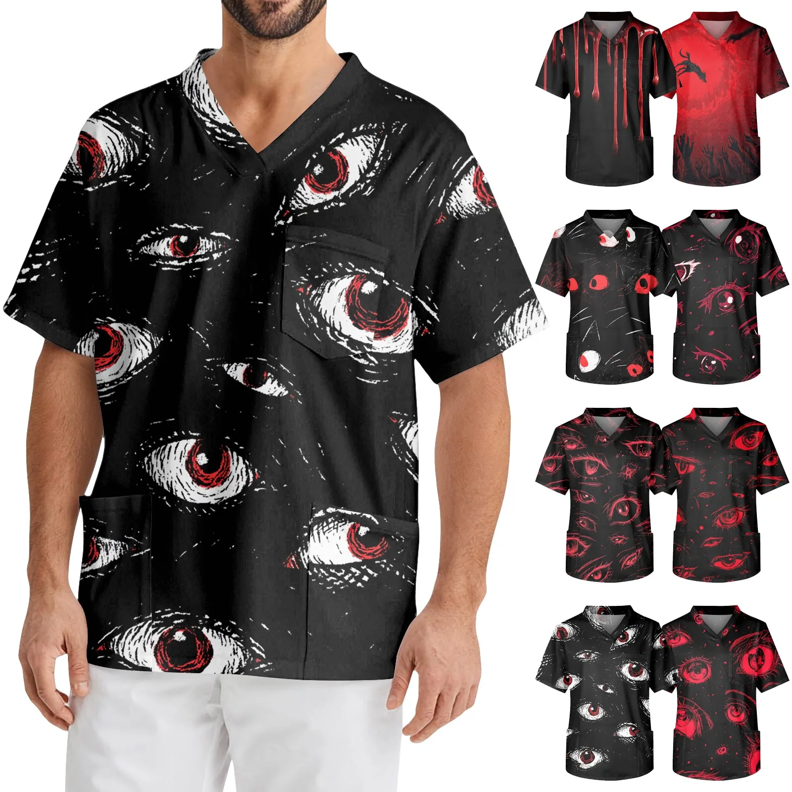 Medical Uniform Black Short Sleeve Top Trendy Scrub Tees Eye Pattern Design Professional Healthcare Apparel Comfort Workwear