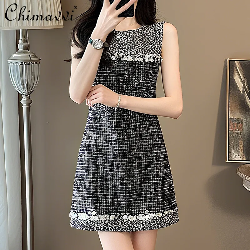 

French Elegant High-End Socialite Party Dresses Round Neck Sleeveless Big Sequins High Waist Slim A-line Short Dress for Women