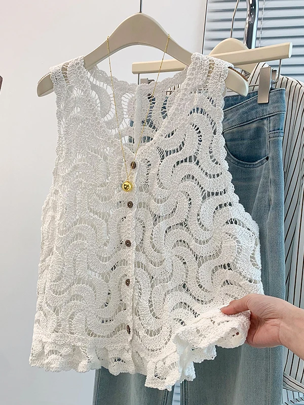 Summer 2026 Hollow out Hook Flower Vest Ageless Casual Loose Fit Women's Top Thinming Outerwear Cardigan A-Line Short Vest