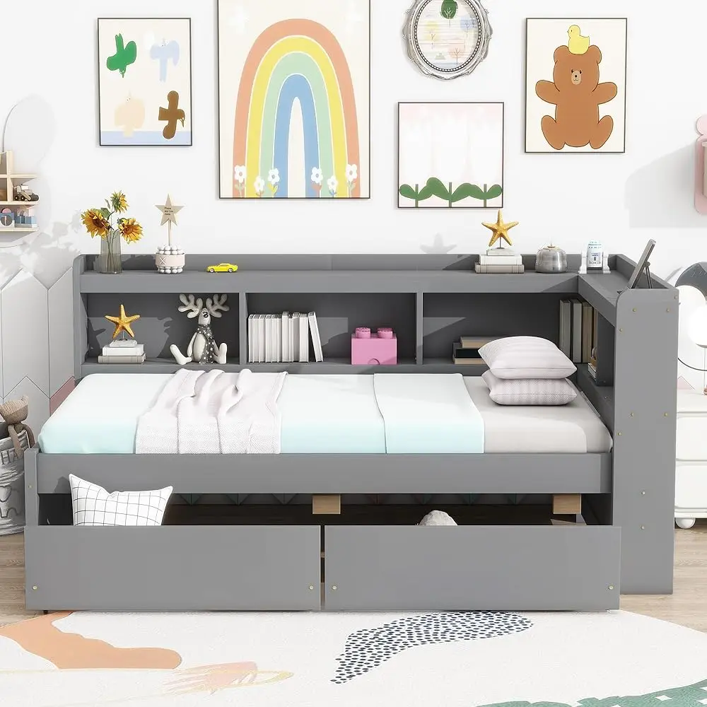 Daybed Sudut Berbentuk L Ukuran Kembar dengan Headboard Rak Buku, Tempat Tidur Captain dengan Laci Penyimpanan Di Bawah dan Port Usb untuk Anak-anak