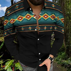 Camisa hawaiana de manga larga con estampado 3D para hombre, blusa informal, ajustada, Estilo Vintage, étnico, Occidental, a la moda, Social