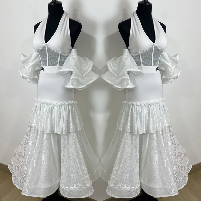

Ballroom Dance Clothes Women Adult White Halter Neck Tops Skirt Fox Trot Waltz Dance Costume Competition Dress Prom Wear BL14624
