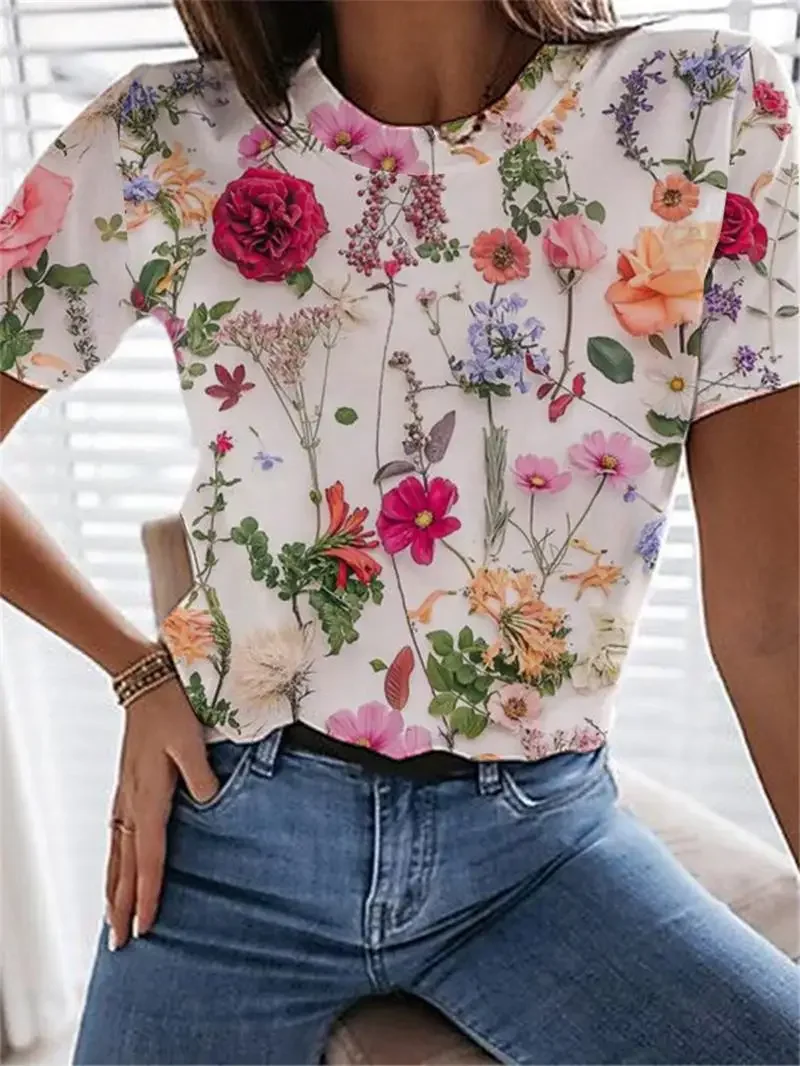 2025 New Arrival Best Selling Women's Printed Round Neck Short Sleeve T-shirt Top Floral Style Ladies Clothes Fashion T-shirts