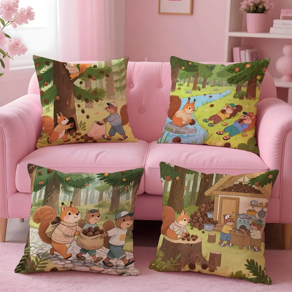 art Cute Squirrel Cushion Cover Soft Washable Pillowcase Cushion Cover for Sofa Bed Car Travel Office Home Decor