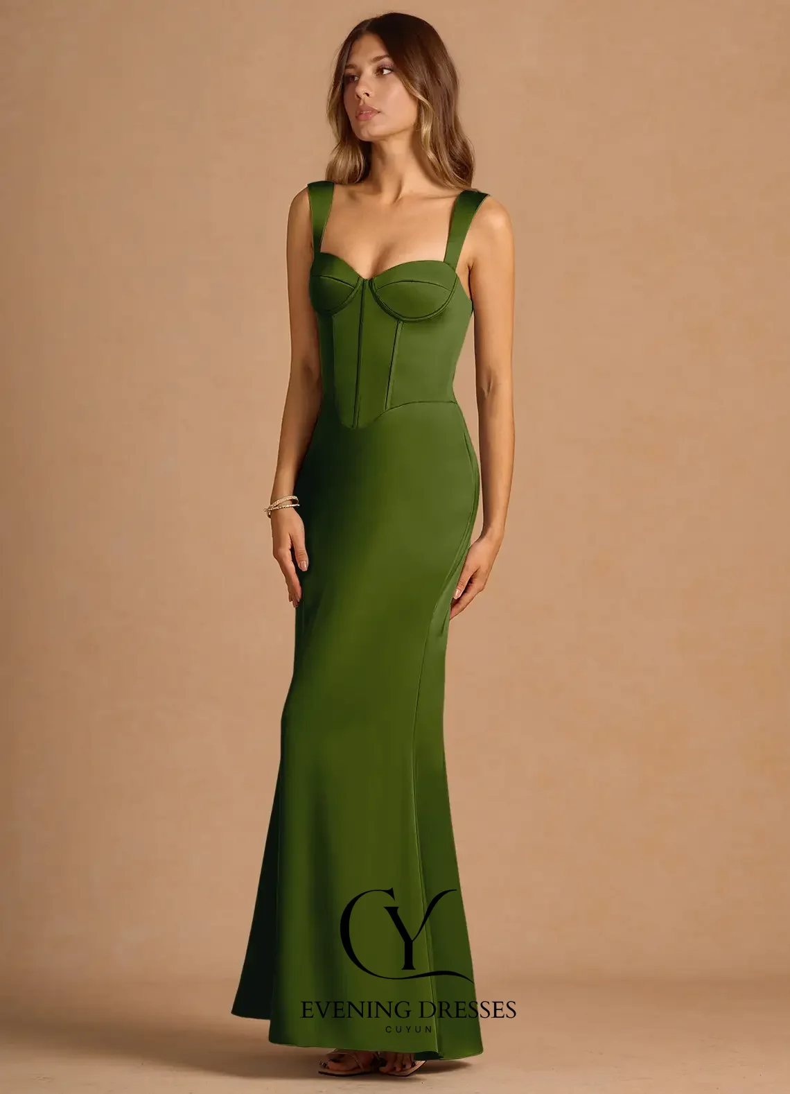 فستان ماكسي نسائي من CUYUN باللون الأخضر الزيتوني فستان سهرة على شكل قلب وأشرطة كتف أنيقة بطول الأرض فساتين حفلات مخصصة