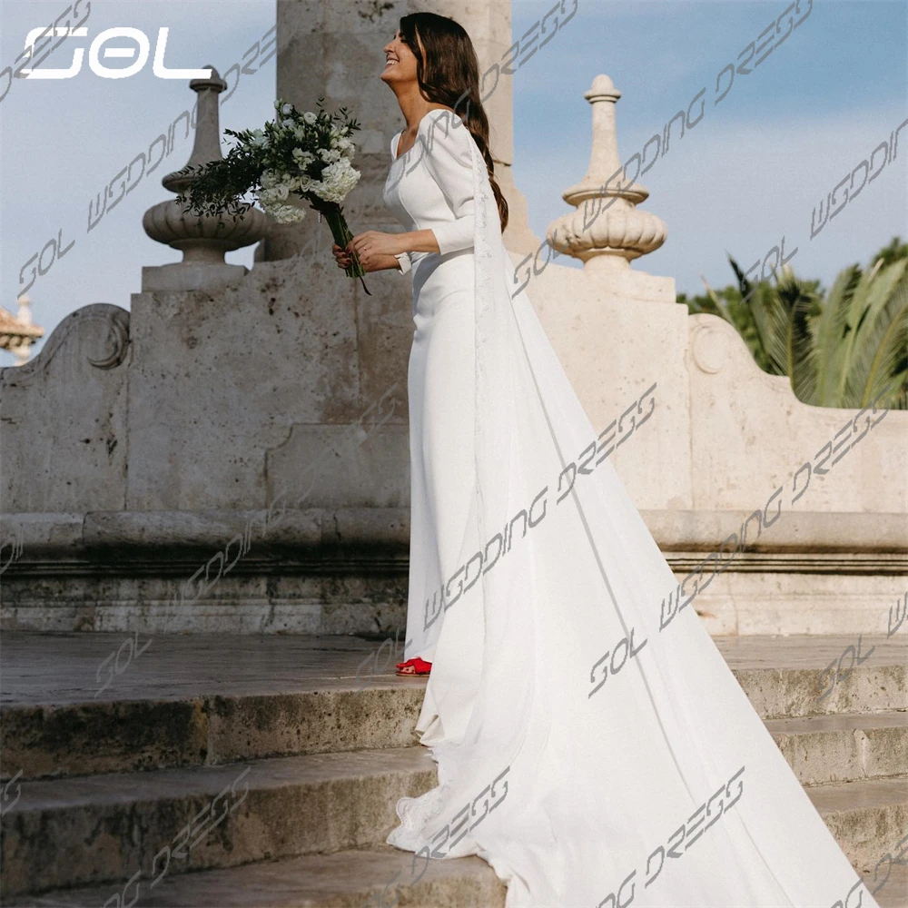 SOL semplici abiti da sposa con colletto quadrato a maniche lunghe con scialle staccabile eleganti abiti da sposa senza schienale Vestidos De Novia