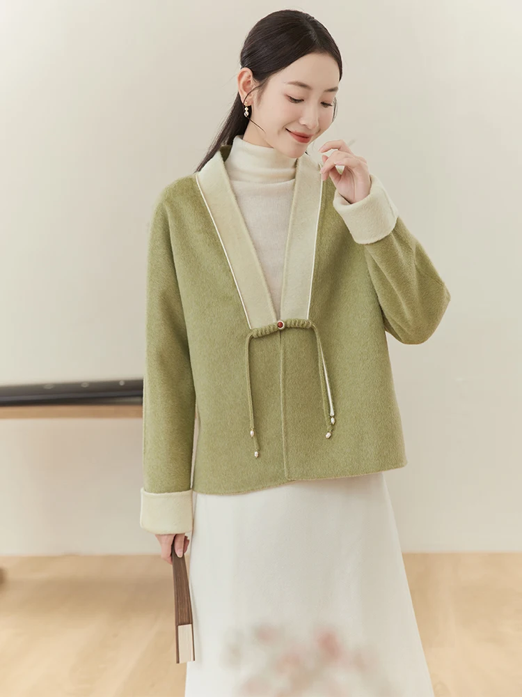 

New Chinese Sle Women's Winter Coat Zen Sle Tea Clothes Reformed Hanfu Double-sided Woolen Jaet Collarl Design