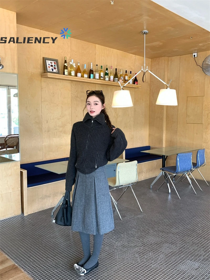 Preppy Style A-Line Skirt for Women Spring Korean Gray Pleated Skirts Vintage Chic Female High Waist Elegant Long Skirt Mujer