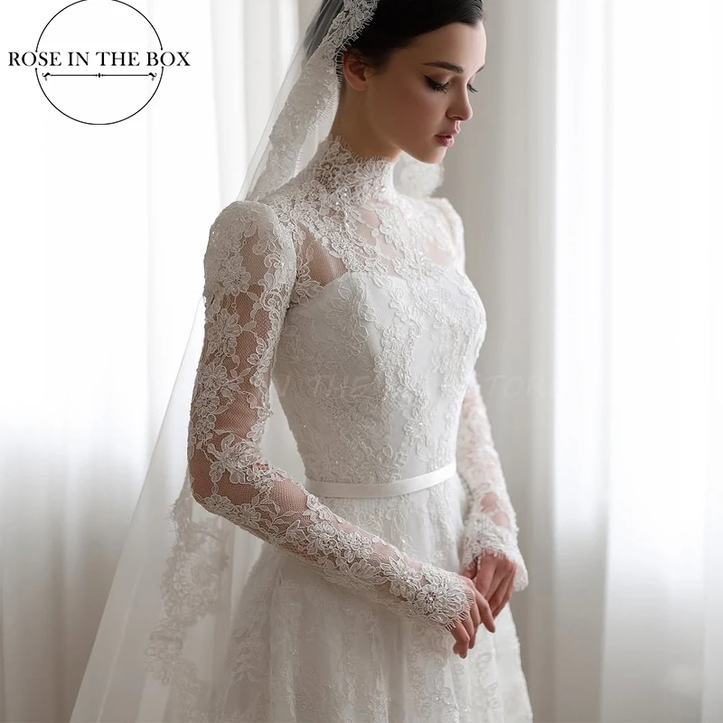 ROSEINTHEBOX robes de mariée en dentelle élégante de luxe 2025 à manches longues a-ligne col haut robe de mariée de mariée robe de mariée personnalisée