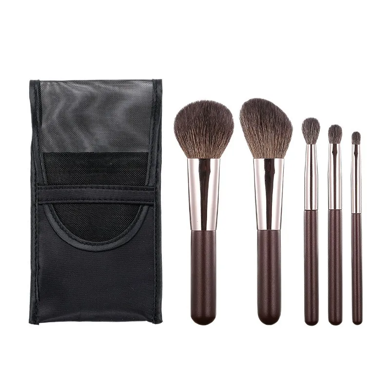 Set di pennelli per trucco in pelo di capra da 5 pezzi con borsa - Kit di pennelli cosmetici professionali portatili in legno naturale per fard per ombretto
