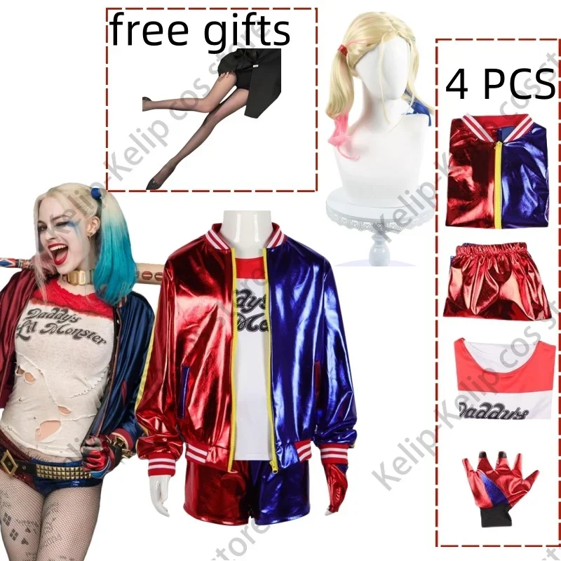 Customized Anime Adult Dress Women Harleen Costume Quinn Girl Wig T Shirt Joker Jacket Halloween Costume Kids Glove Accessories