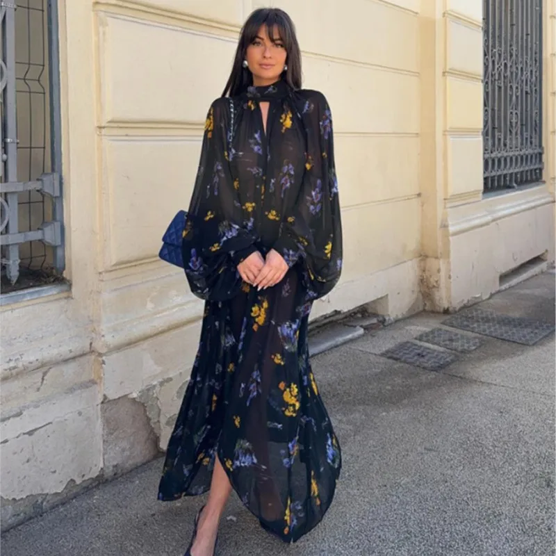 

New Chiffon Fashion Transparent Printed Lace-up Long Long-sleeved Dress Vestidos Female Chic High Street Daily Wear Para Mujer