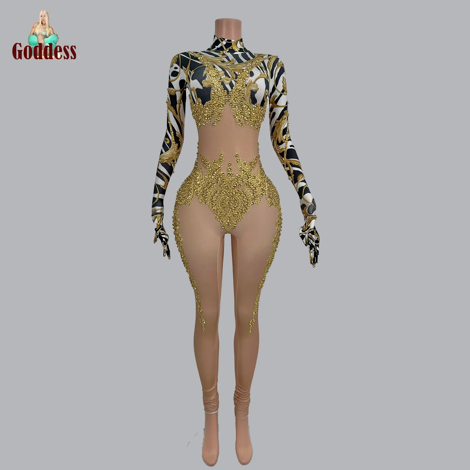 Sexy Sparkly Gold Rhinestone Sexy Jumpsuit with Gloves Club Party Leggings Stage Pole Dance Dancing Floor Bar Hot Dance Jumpsuit