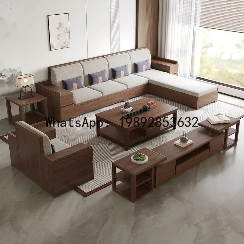 W27-  solid wood sofa - modern chinese style corner sofa set with storage for small living rooms