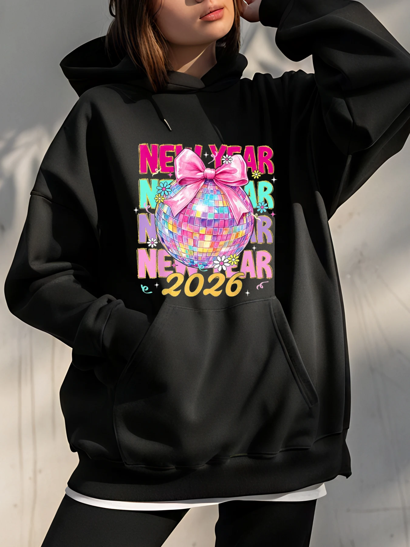 

Новый год 2026, толстовка с принтом диско-шара, женская повседневная толстовка, модная уличная одежда унисекс для вечеринок, зимняя верхняя одежда