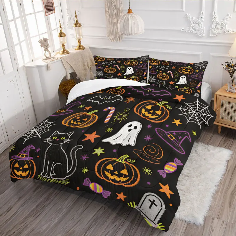 Cute Halloween Comforter Set Cartoon Ghost Black Cat Pumpkin Tombstone Print Bedding Set Kawaii Quilt Set Bedroom Decor Gift
