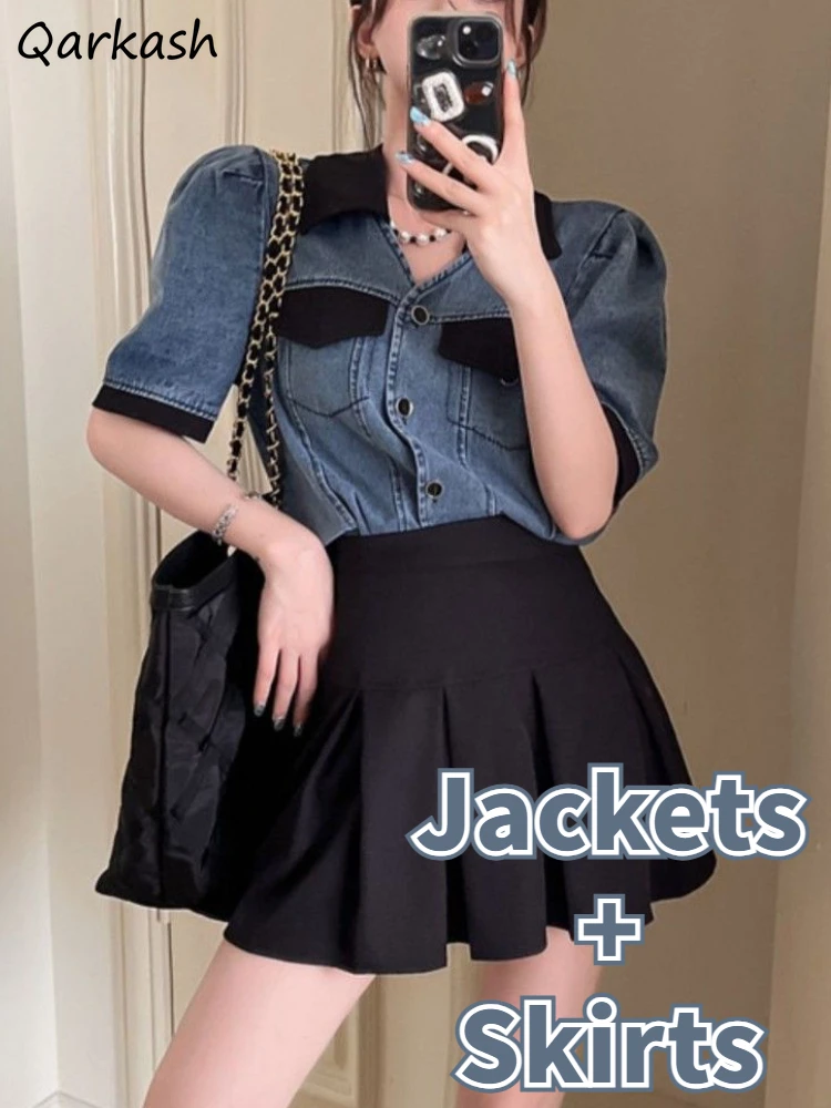 2 Pcs Sets Women Denim Vintage Jackets Pleated Mini Skirts Kawaii Summer Aesthetic Panelled Casual Clothing Minority All-match