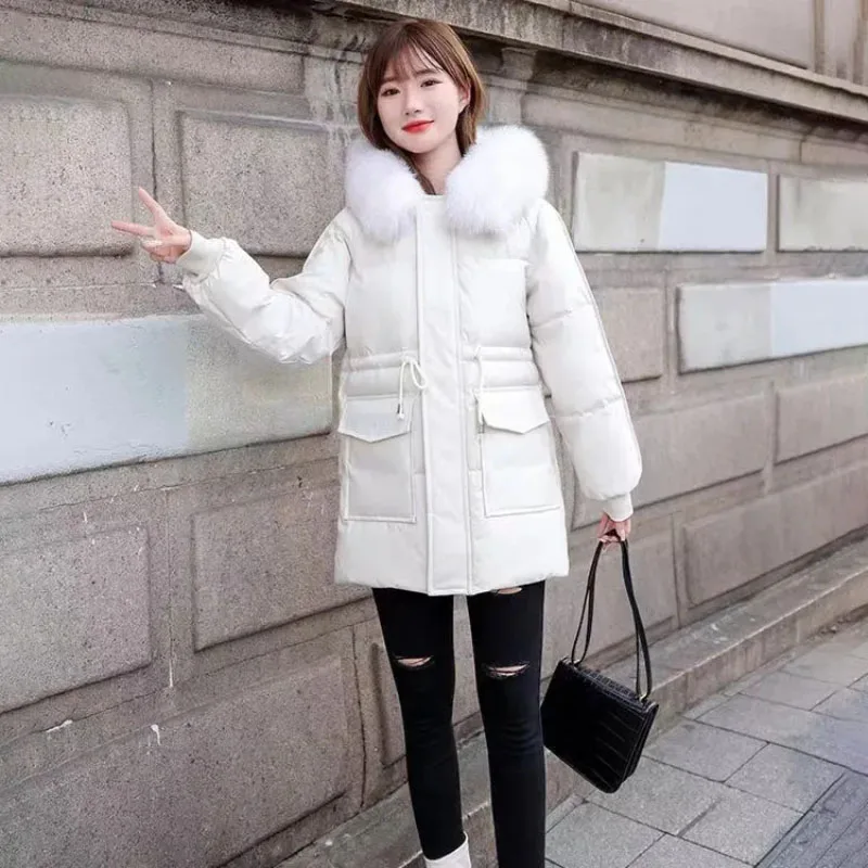 

Mid-Length Thicke Cotton-Padded Coat Women Overcoat 2024 Winter New Wool Collar Hooded Warm Parker Coat Slim Lace-Up Cotton Coat