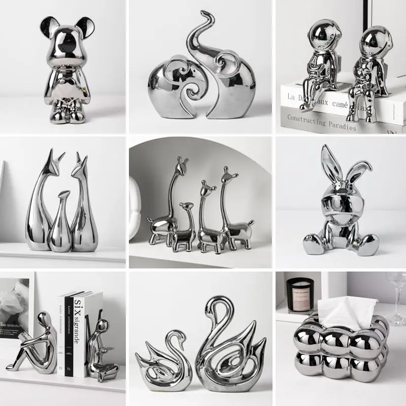 Ins Silver Elephant Couple Deer Family Swan Lovers Decoration Desktop Figurines Home for Living Room Decor Ornament Statues